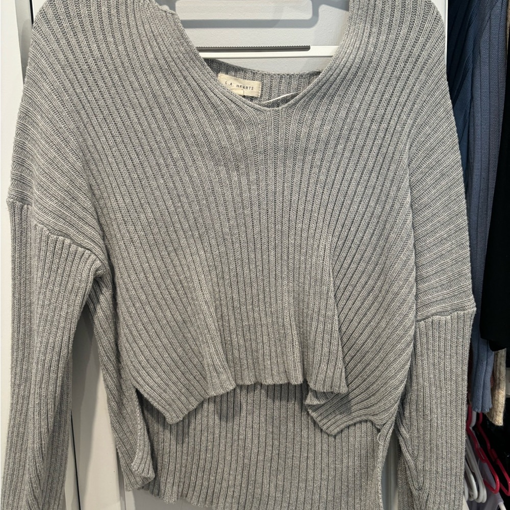 La Hearts Light Gray V-Neck Sweater